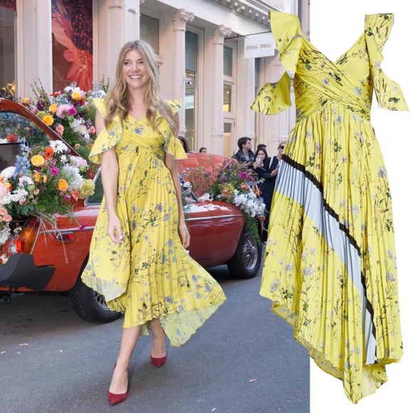 Self Portrait, NWT Yellow Floral Asymmetrical Midi Cocktail Dress, size 6 - Picture 1 of 16